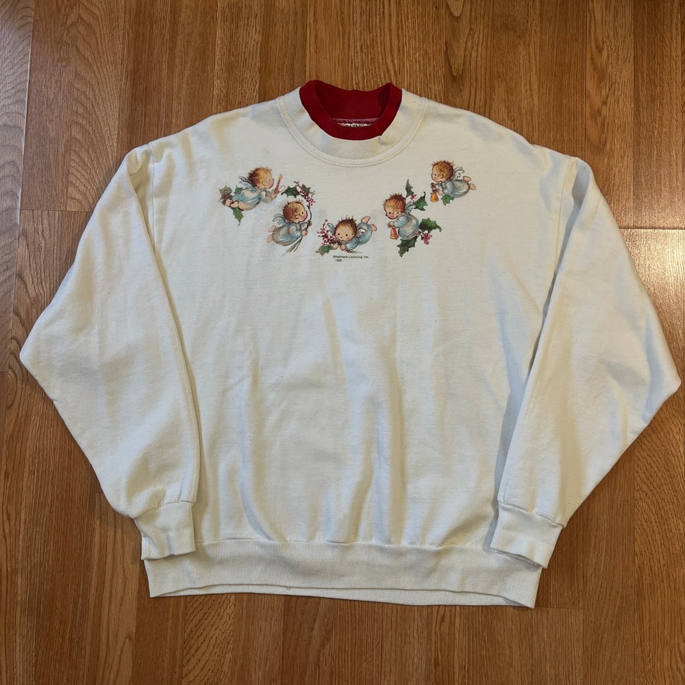 Vintage Morning Sun Hallmark Angels Christmas Sweatshirt 1999 Cream Large